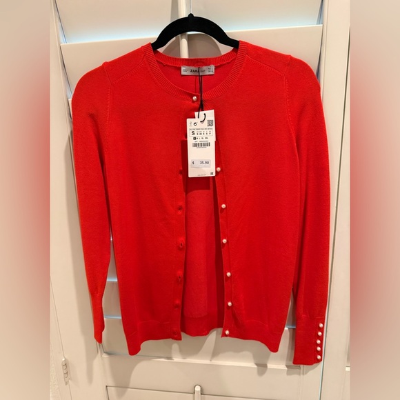 ZARA KNIT Red Pearl Button Cardigan Sweater - Coral Red Size S - Picture 3 of 10